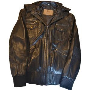 The Leather Factory Hooded Black Leather Bomber Jacket Size Large